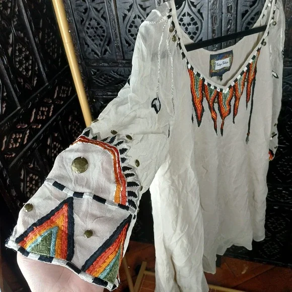 Vintage Collection Embroidered Beaded Boho Cream Rainbow Tunic Top Women Medium - Picture 5 of 10